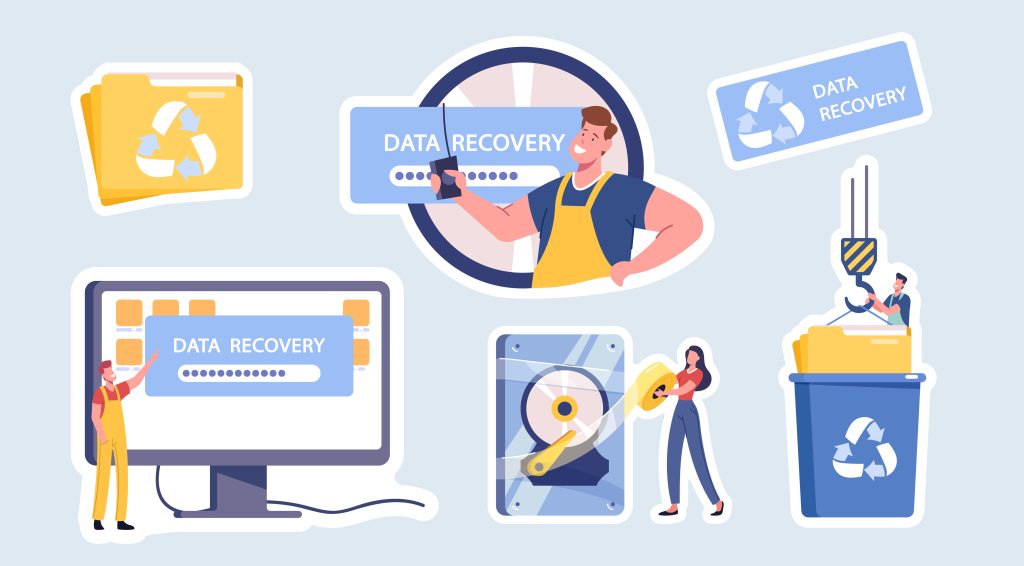 Data Recovery Service Isolated Stickers, Backup and Protection, Hardware Repair. Characters in Worker Uniform Fix Broken Pc, File Folder, Crane and Litter Bin. Cartoon People Vector Illustration