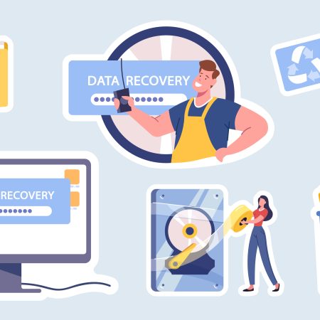 Data Recovery Service Isolated Stickers, Backup and Protection, Hardware Repair. Characters in Worker Uniform Fix Broken Pc, File Folder, Crane and Litter Bin. Cartoon People Vector Illustration